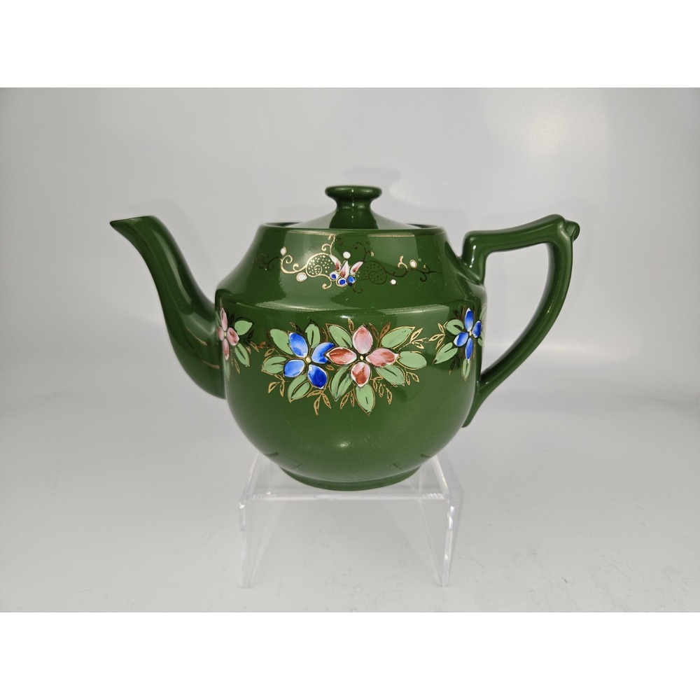 Japanse Teapot Handpainted Green Floral Gold Made In Japan‎